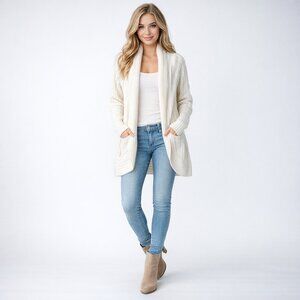 White House Black Market Cable Knit Open Shawl Cardigan Ivory XL #A1642